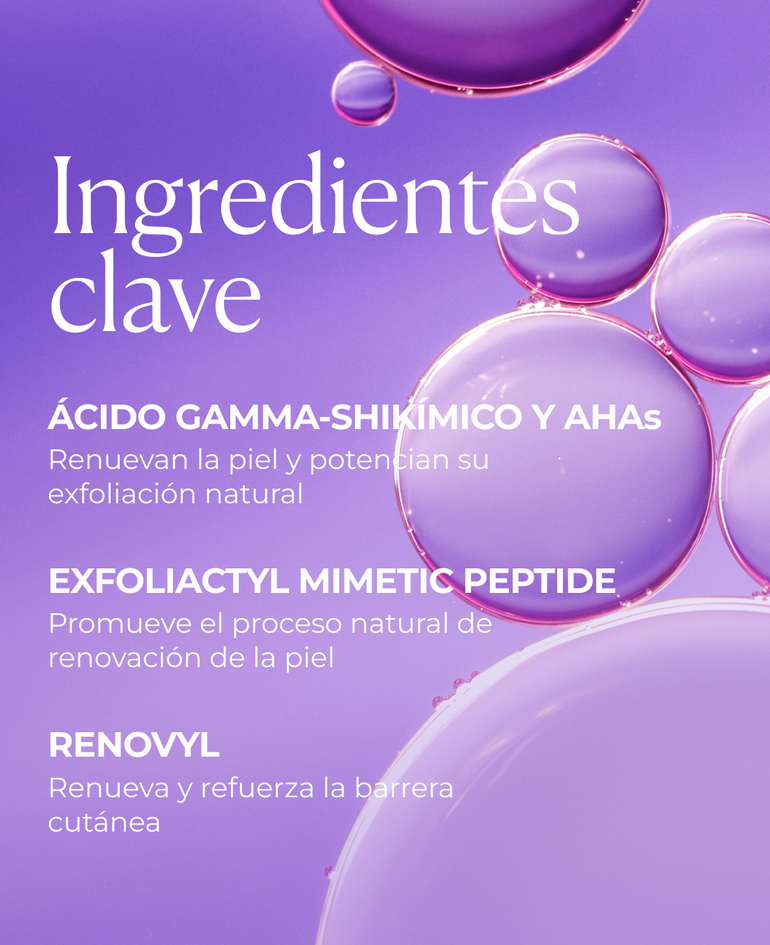 Ácido gamma-shikímico y AHAs Renuevan la piel y potencian su exfoliación natural  Exfoliactyl Mimetic Peptide Promueve el proceso natural de renovación de la piel  Renovyl Renueva y refuerza la barrera cutánea  Pro-Lift