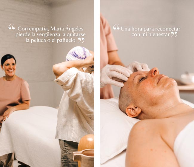 Foto de paciente con cancer recibiendo un tratamiento de estética oncológica. sobre la imagen hay un texto que lee: Con empatía María Ángeles pierde la vergüenza  aquitarse la peluca o el pañuelo.